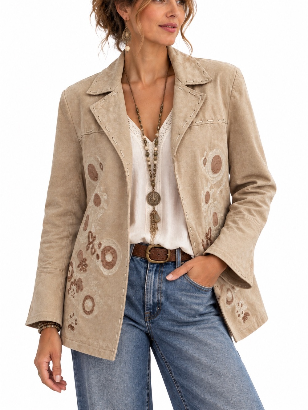 Beige Leather Embroidered Women's Jacket